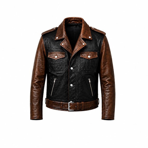 AurevynLeather Men's Black & Brown Leather Biker Jacket | Vintage Motorcycle Style | Belted Casual Fashion Coat