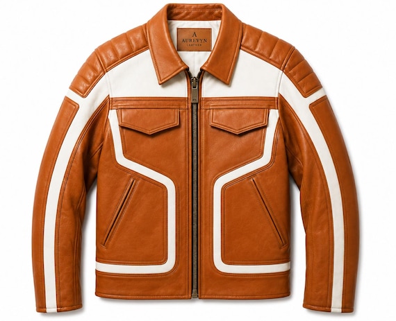Brown Leather Biker Jacket, Handmade Retro Racing Style, Unisex Genuine Leather