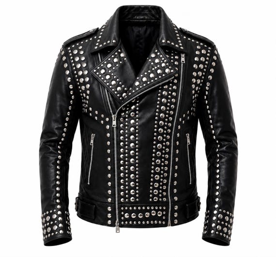 Men's Black Studded Genuine Leather Biker Jacket, Punk Rock Motorcycle Streetwear