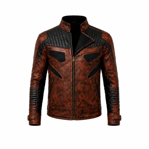 Men’s Vintage Brown & Black Leather Motorcycle Jacket – Distressed Biker Style