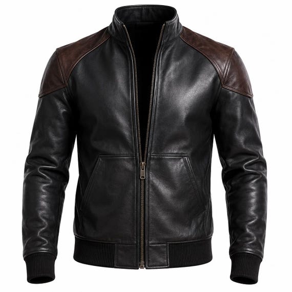 Men's Genuine Leather Bomber Jacket, Black Brown Biker Style, Handmade Motorcycle Apparel