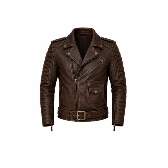Vintage Brown Leather Biker Jacket, Quilted Shoulder Cafe Racer Coat