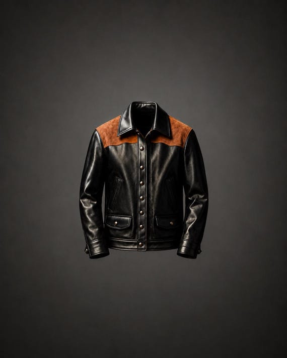 Men's Black Leather Western Jacket, Two-Tone Brown Yoke Biker Coat