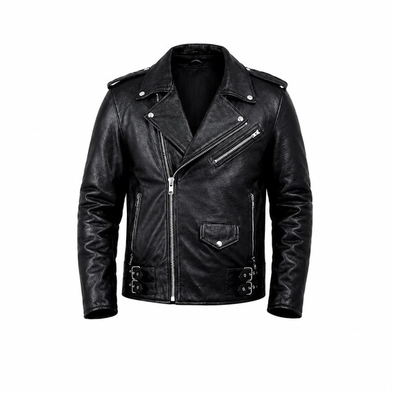 Men's Black Leather Biker Jacket | Motorcycle Moto Zip Coat, Quilted Lining