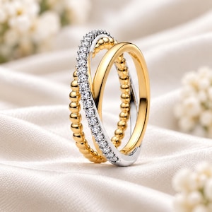 Ring med korsade pärlor och pave-trippelband, stapelband i silver och guld, ring med klar kristall för kvinnor, stapelring för vardagsbruk
