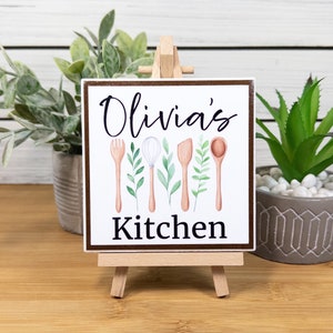 Personalized Kitchen Name Sign, Kitchen Ceramic Tile Sign w/Easel, Modern Farmhouse Tiered Tray Decor, Custom Kitchen Gift for Cook/Chef Brown