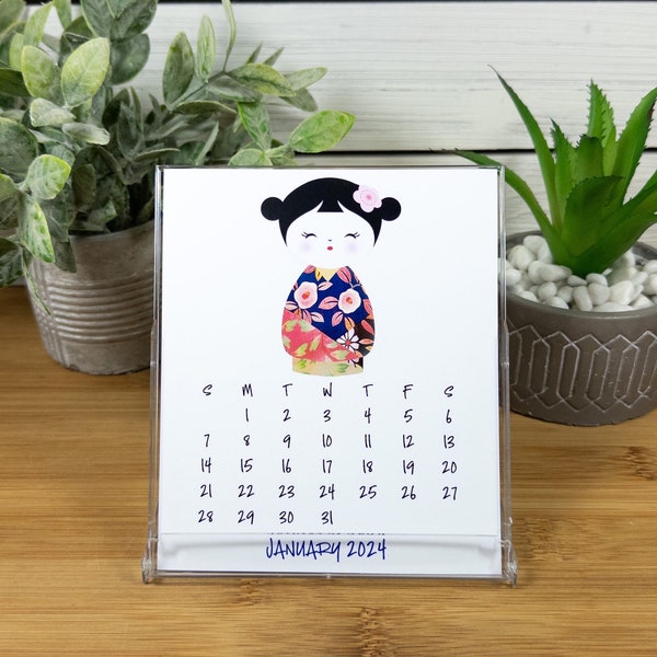 2024 Kokeshi Doll Desk Calendar, Japanese Inspired Calendar, 12 Month Calendar with CD Case/Stand