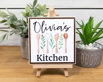 Personalized Kitchen Name Sign, Kitchen Ceramic Tile Sign w/Easel, Modern Farmhouse Tiered Tray Decor, Custom Kitchen Gift for Cook/Chef