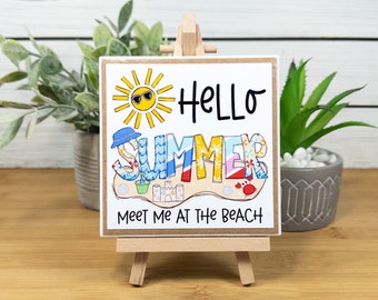 Hello Summer Beach Themed Ceramic Tile Sign with Easel, Cute Summer Tiered Tray Decor, Hello Summer Sign for Home or Office