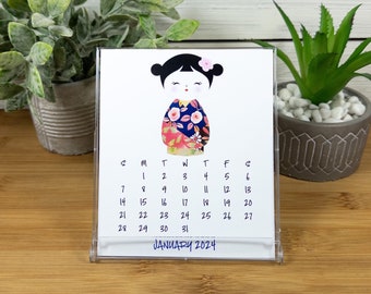 2024 Kokeshi Doll Desk Calendar, Japanese Inspired Calendar, 12 Month Calendar with CD Case/Stand