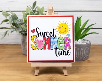 Sweet Summertime Ceramic Tile Sign with Easel, Cute Summer Farmhouse Tiered Tray Decor, Fun Summer Sun Sign for Home, Office, or School