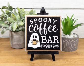 Spooky Halloween Coffee Bar Sign, Freshly Boo'd Coffee Bar Ceramic Tile Sign w/Easel,  Handmade Halloween Ghost Decor Gift for Coffee Lovers
