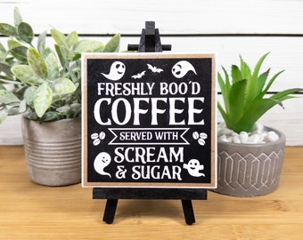 Halloween Coffee Bar Sign, Freshly Boo'd Coffee Ceramic Tile Sign with Easel, Handmade Halloween Ghost Decor Gift for Coffee Lovers