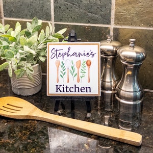 Personalized Kitchen Name Sign, Kitchen Ceramic Tile Sign w/Easel, Modern Farmhouse Tiered Tray Decor, Custom Kitchen Gift for Cook/Chef image 5