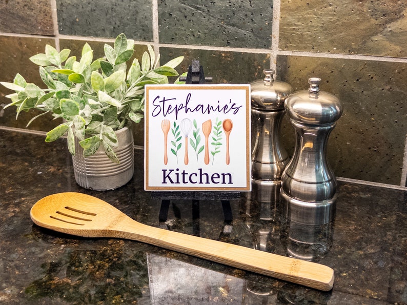 Personalized Kitchen Name Sign, Kitchen Ceramic Tile Sign w/Easel, Modern Farmhouse Tiered Tray Decor, Custom Kitchen Gift for Cook/Chef image 5