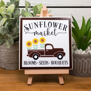 Sunflower Market Truck Ceramic Tile Sign with Easel, Farmhouse Market Sign, Country Truck with Sunflowers Tiered Tray Decor