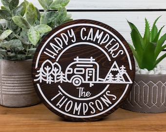 Happy Campers Wood Shelf Sitter, Personalized Family Name Round Wood Sign, Camper RV Tiered Tray Sign/Shelf-Sitter, Gift for Campers