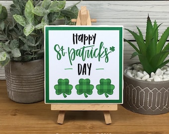 Happy St. Patrick's Day Ceramic Tile Sign with Easel, St. Patrick's Day Buffalo Plaid Shamrock Sign
