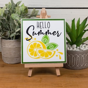 Hello Summer, Lemon Ceramic Tile Sign with Easel, Hello Summer Lemon Farmhouse Tiered Tray Decor, 4.25x4.25 inches