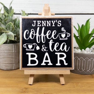 Personalized Coffee & Tea Bar Ceramic Tile Sign with Easel, Coffee and Tea Farmhouse Tiered Tray Decor, Custom Coffee/Tea Lover&#39;s Gift