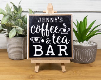 Personalized Coffee & Tea Bar Ceramic Tile Sign with Easel, Coffee and Tea Farmhouse Tiered Tray Decor, Custom Coffee/Tea Lover's Gift