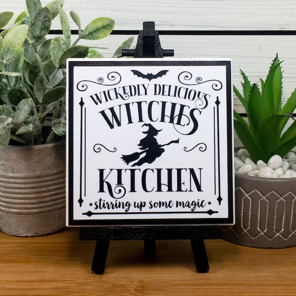 Witches Kitchen Halloween Ceramic Tile Sign with Easel, Halloween Kitchen Witch Decoration, Halloween Tiered Tray Decor