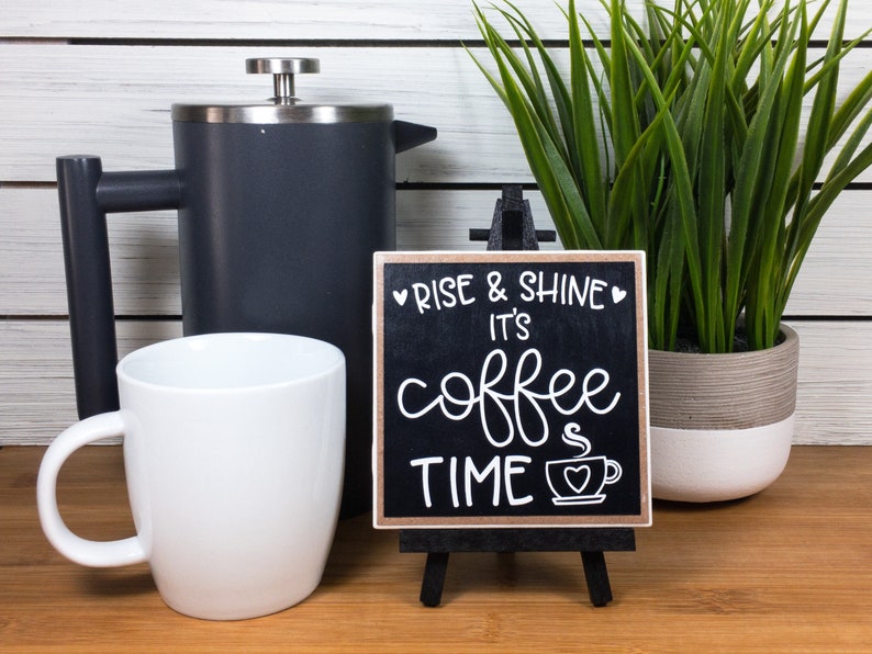 Coffee Bar Ceramic Tile Sign with Easel, Rise and Shine It's Coffee Time Sign, Coffee Themed Tiered Tray Decor, Coffee Lover's Gift image 10