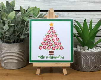 Mele Kalikimaka, Merry Christmas, Hawaiian Hibiscus Christmas Tree Ceramic Tile Sign