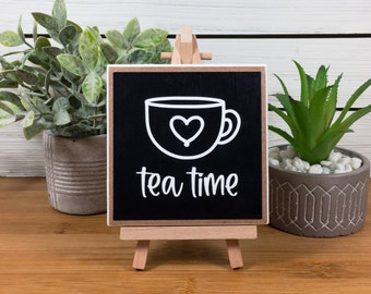 Tea Time Ceramic Tile Sign with Easel, Tea Bar Sign, Modern Farmhouse Tiered Tea Decor, Tea Lover's Gift