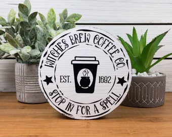 Witches Brew Coffee Co. Wood Shelf Sitter, Coffee Bar Sign, Halloween Witch Decoration, Halloween Farmhouse Tiered Tray Decor