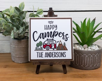 Happy Campers Ceramic Tile Sign with Easel, Personalized Family Name Sign, Camper RV Tiered Tray Sign/Shelf-Sitter, Choice of Camper Colors