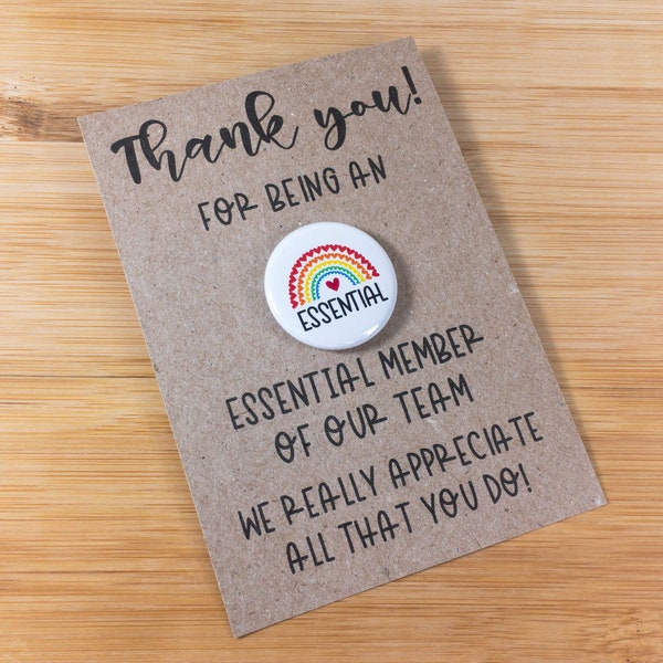 Employee Appreciation Card, Essential Team Member Button Pin and Thank You Card, Team Recognition Gift, Staff Appreciation Thank You Gift