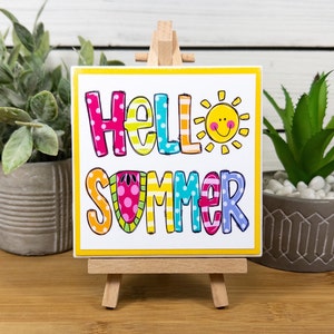 Hello Summer Ceramic Tile Sign with Easel, Cute Summer Farmhouse Tiered Tray Decor, Hello Summer Sign for Home, Office, or School