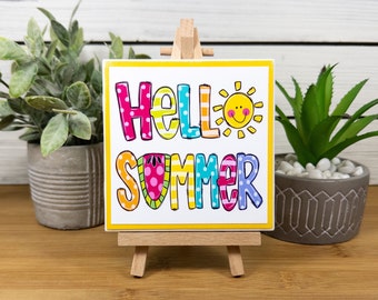 Hello Summer Ceramic Tile Sign with Easel, Cute Summer Farmhouse Tiered Tray Decor, Hello Summer Sign for Home, Office, or School