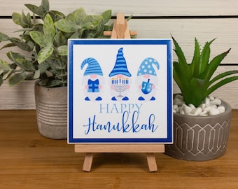 Happy Hanukkah Gnomes Ceramic Tile Sign with Easel, Hanukkah Gift, Hanukkah Shelf Sitter/Tiered Tray Decoration