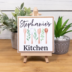 Personalized Kitchen Name Sign, Kitchen Ceramic Tile Sign w/Easel, Modern Farmhouse Tiered Tray Decor, Custom Kitchen Gift for Cook/Chef Kraft Tan