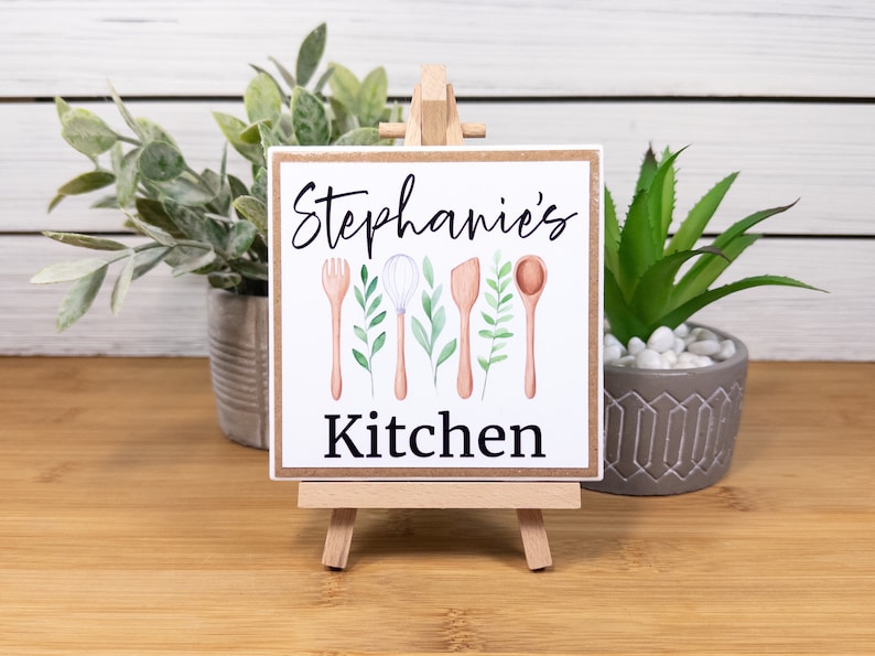 Personalized Kitchen Name Sign, Kitchen Ceramic Tile Sign w/Easel, Modern Farmhouse Tiered Tray Decor, Custom Kitchen Gift for Cook/Chef Kraft Tan