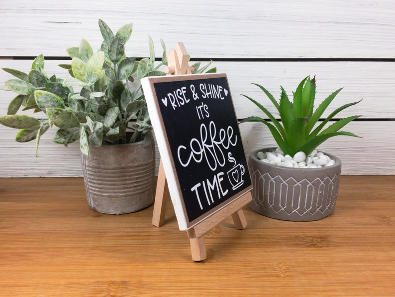 Coffee Bar Ceramic Tile Sign with Easel, Rise and Shine It's Coffee Time Sign, Coffee Themed Tiered Tray Decor, Coffee Lover's Gift image 5