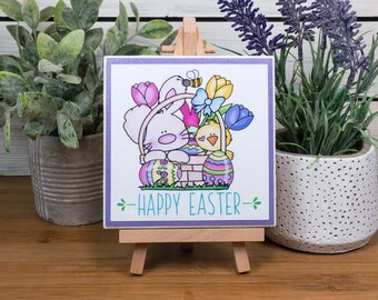 Happy Easter Ceramic Tile Sign with Easel, Easter Basket Sign, Easter Bunny and Chick Tiered Tray Decor, 4.25 inches