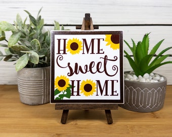 Home Sweet Home Ceramic Tile Sign with Easel, Sunflower Tiered Tray Decor, Modern Farmhouse Home Shelf Sitter with Sunflowers, New Home Gift