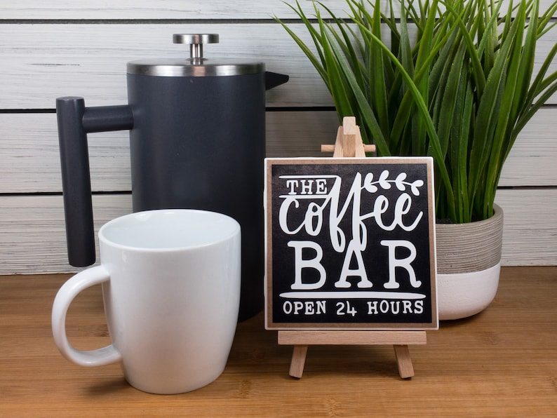 Coffee Bar Ceramic Tile Sign with Easel, The Coffee Bar Open 24 Hours Sign, Farmhouse Tiered Tray Coffee Sign, 4.25x4.25 inches image 3