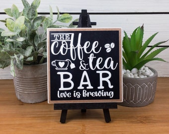 Coffee & Tea Bar Ceramic Tile Sign with Easel, Coffee and Tea Bar Love is Brewing Farmhouse Tiered Tray Decor, Coffee/Tea Lover's Gift