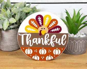 Letrero de madera con diseño de pavo de agradecimiento, bandeja escalonada con diseño de pavo de Acción de Gracias, mini letrero redondo de madera de 5 pulgadas para el hogar o la oficina.