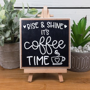 Coffee Bar Ceramic Tile Sign with Easel, Rise and Shine It's Coffee Time Sign, Coffee Themed Tiered Tray Decor, Coffee Lover's Gift