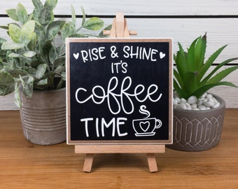 Coffee Bar Ceramic Tile Sign with Easel, Rise and Shine It's Coffee Time Sign, Coffee Themed Tiered Tray Decor, Coffee Lover's Gift