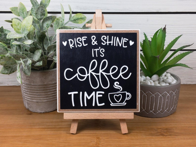 Coffee Bar Ceramic Tile Sign with Easel, Rise and Shine It's Coffee Time Sign, Coffee Themed Tiered Tray Decor, Coffee Lover's Gift Natural (unfinished)