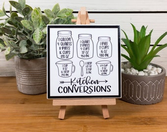 Kitchen Conversion Chart, Kitchen Measurements Ceramic Tile Sign with Easel, Modern Farmhouse Kitchen Decor, Gift for Cooks and Foodies