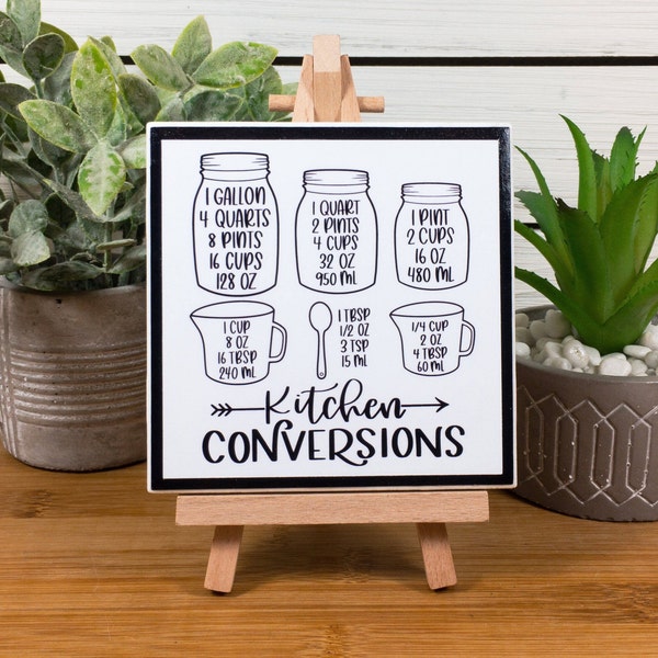 Kitchen Conversion Chart, Kitchen Measurements Ceramic Tile Sign with Easel, Modern Farmhouse Kitchen Decor, Gift for Cooks and Foodies