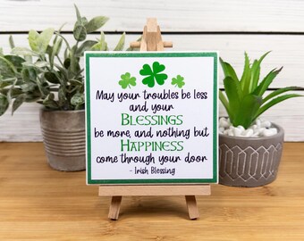 Irish Blessing Ceramic Tile Sign with Easel, Happy St. Patrick's Day Sign, St. Patrick's Day Tiered Tray Decor