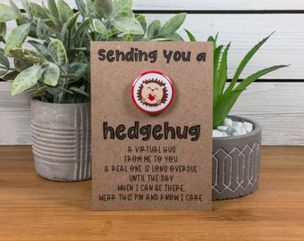 Hedgehug Virtual Hug Card and Pin, Social Distancing Gift, Pocket Hug, Hug Pin, Hedgehog Button Pin with Card